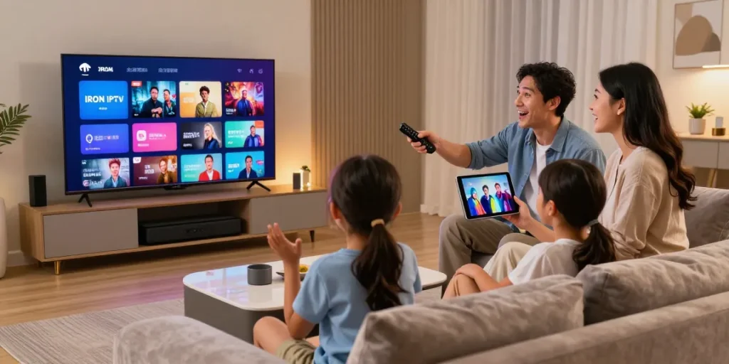 La famille profitant de IRON IPTV dans un salon moderne avec une ambiance chaleureuse.
