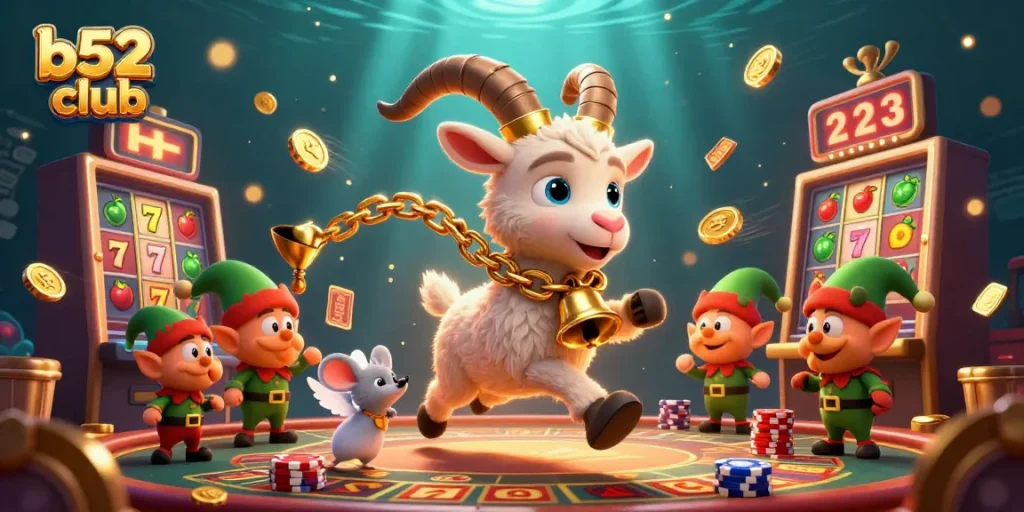 Experience excitement at b52 club with a thrilling casino scene of Krampus, angel mouse, and elf gremlins.