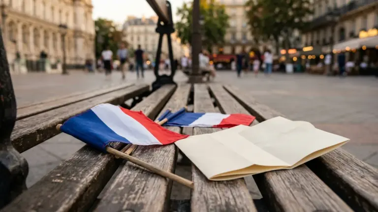 Deux petits drapeaux français et une feuille de papier posés sur un banc en bois.