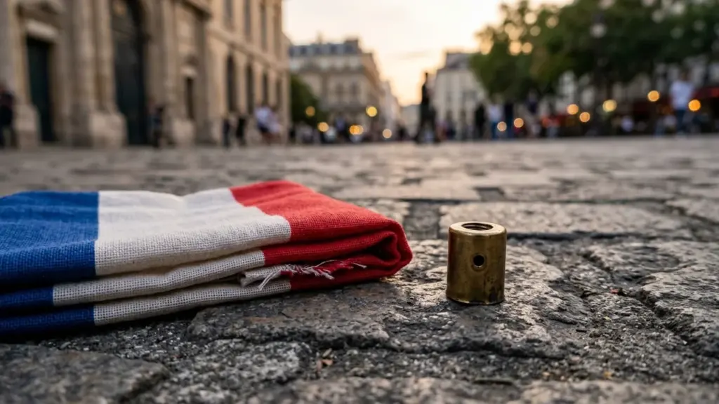 Un drapeau français plié et une petite pièce métallique sur des pavés urbains anciens.