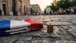 Un drapeau français plié et une petite pièce métallique sur des pavés urbains anciens.