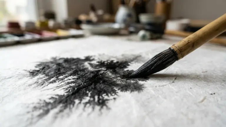 Un pinceau de calligraphie japonaise touche une feuille de papier avec une tache d'encre noire.