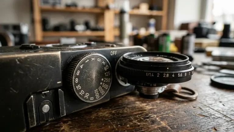 Gros plan sur un appareil photo argentique ancien posé sur une table en bois usée.
