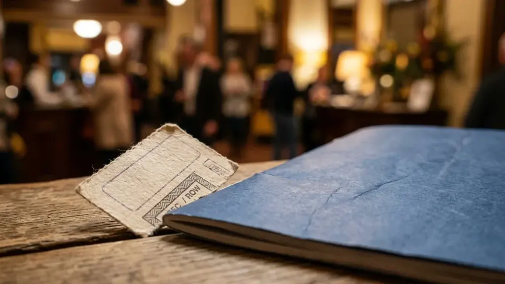Un ticket de théâtre vintage posé près d'un carnet bleu sur une table en bois.