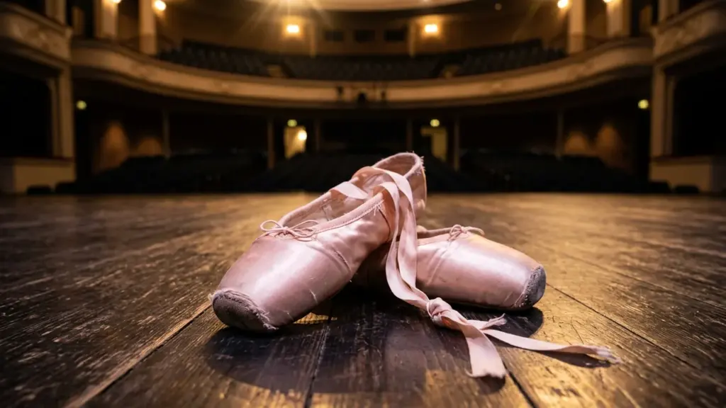 Une paire de chaussons de danse rose sur une scène de théâtre en bois.