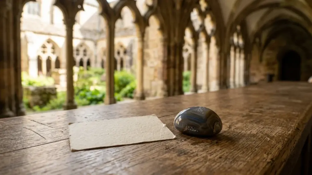 Une pierre polie et une feuille de papier posées sur une table en bois ancienne.