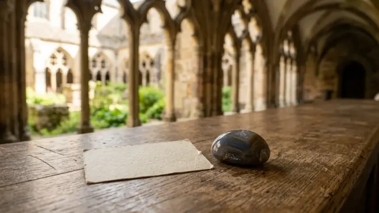 Une pierre polie et une feuille de papier posées sur une table en bois ancienne.