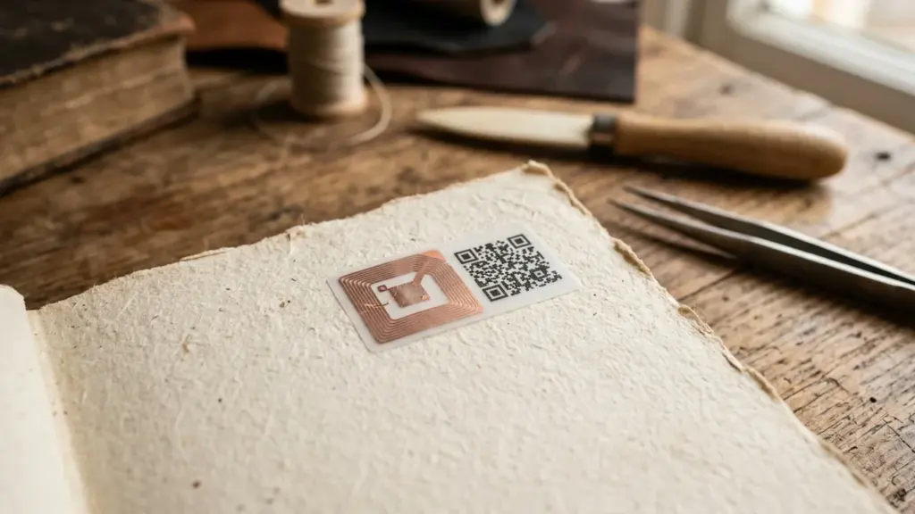 Une puce RFID et un code QR collés sur une page de livre ancien.