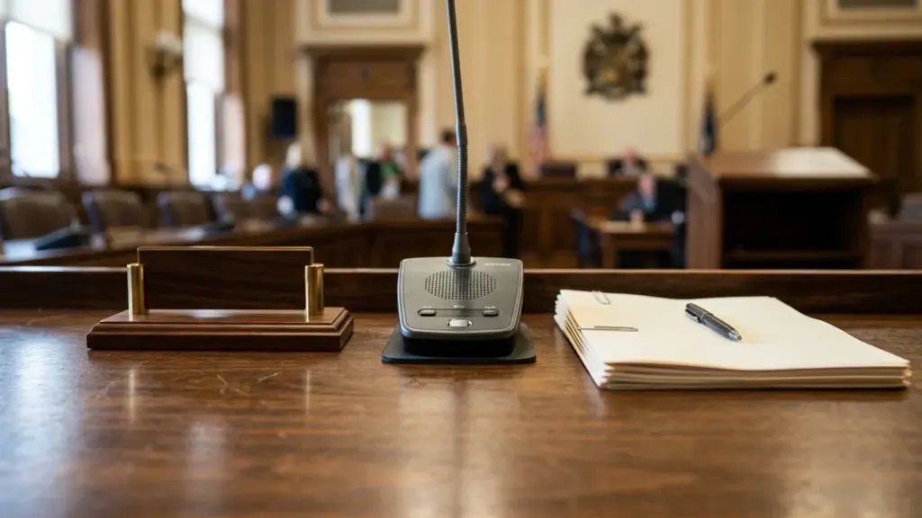 Microphone, bloc-notes et stylo sur une table en bois dans une salle d'audience.