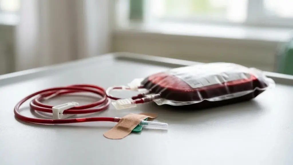 Une poche de sang avec sa tubulure et un pansement posés sur une table médicale.