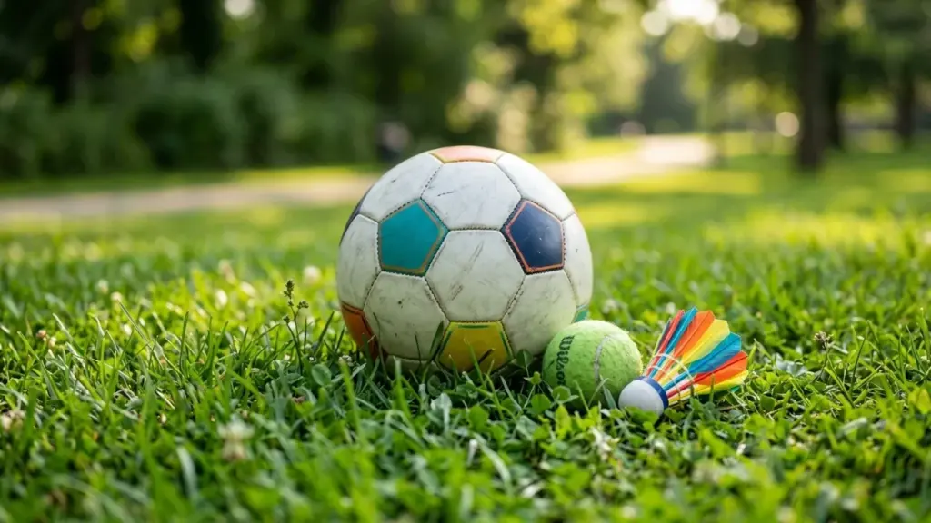 Un ballon de football, une balle de tennis et un volant multicolore sur l'herbe.