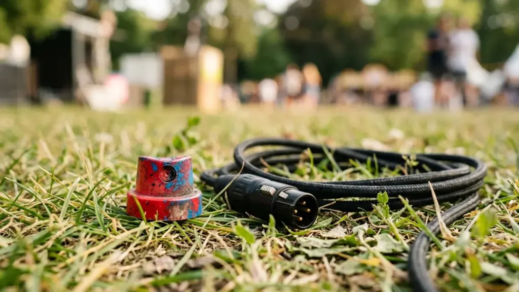 Un embout de bombe aérosol coloré et un câble audio noir posés sur l'herbe.