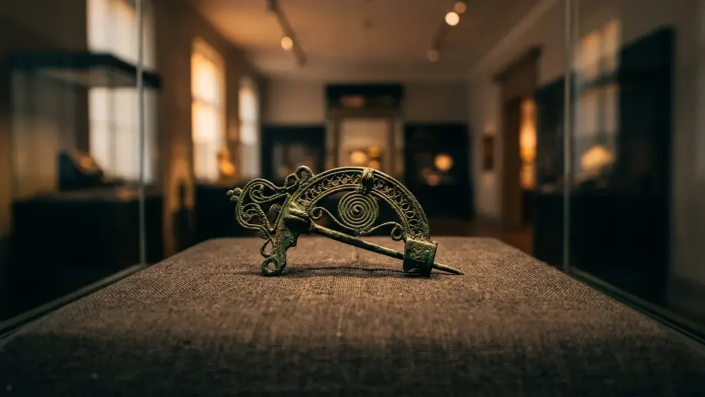 Une fibule antique en bronze finement décorée exposée sous une vitrine de musée éclairée.