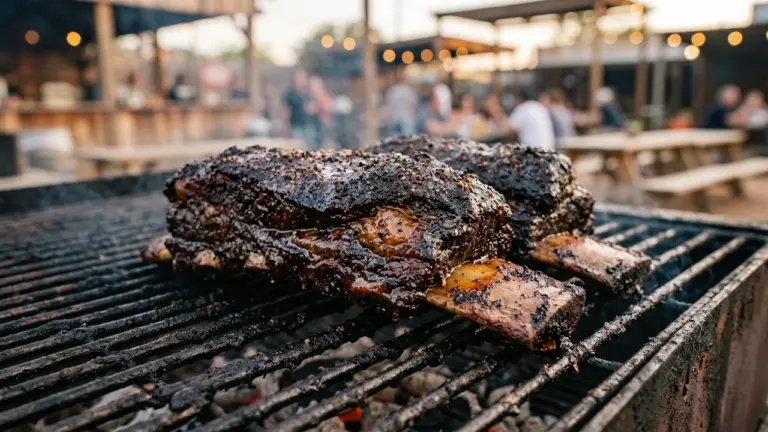 Deux grosses côtes de bœuf fumées et croustillantes grillant sur un barbecue en extérieur.