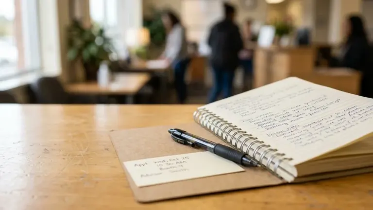 Un carnet à spirales avec un stylo noir posé sur un bureau en bois clair.
