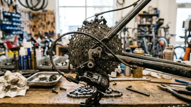 Gros plan sur le dérailleur et la cassette encrassés d'un vélo dans un atelier.