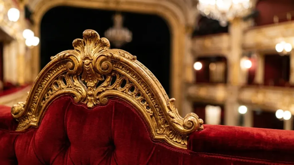 Gros plan sur un fauteuil de théâtre en velours rouge avec moulures dorées sculptées.