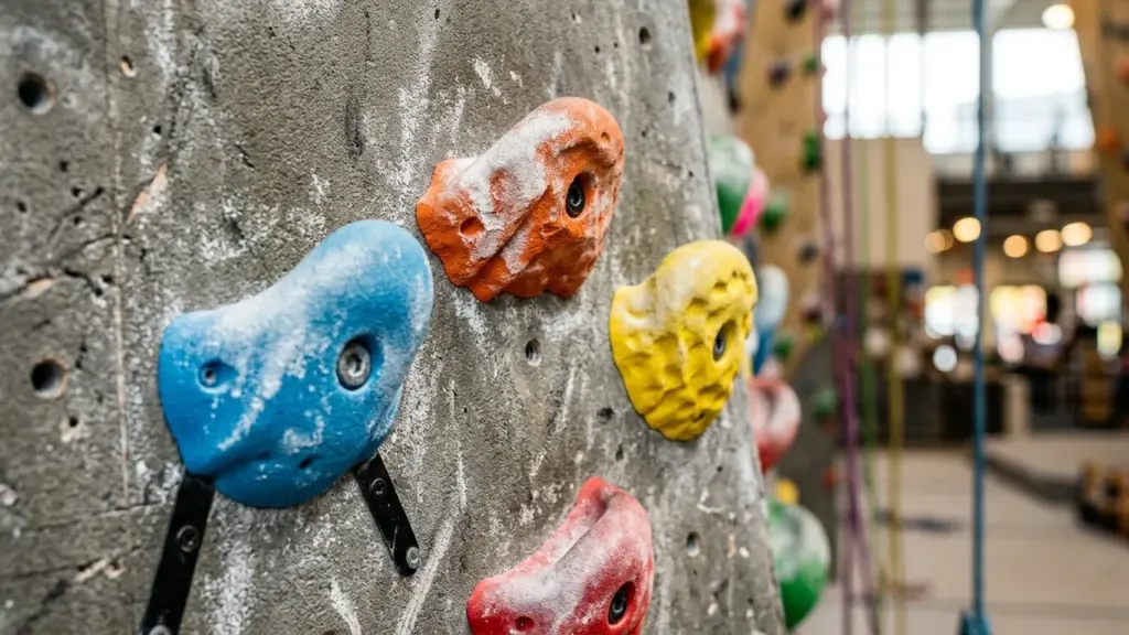 Gros plan sur des prises d'escalade colorées fixées sur un mur en béton rugueux.