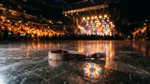 Un bracelet de festival coloré posé sur le sol brillant d'une salle de concert.