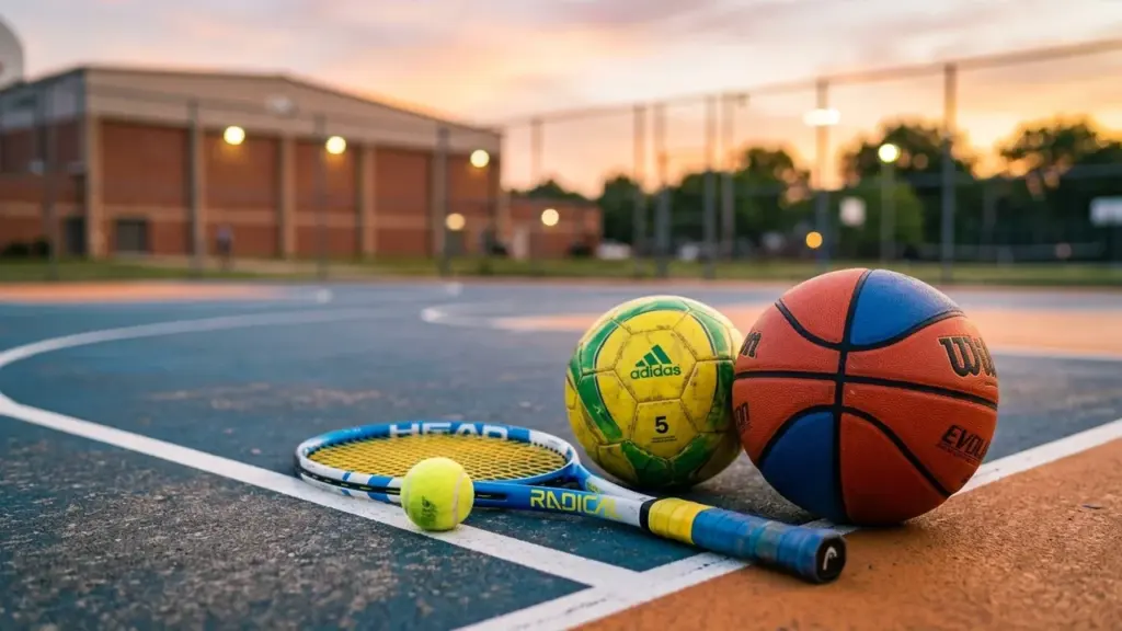 Une raquette de tennis, une balle de tennis, un ballon de football et un basketball.