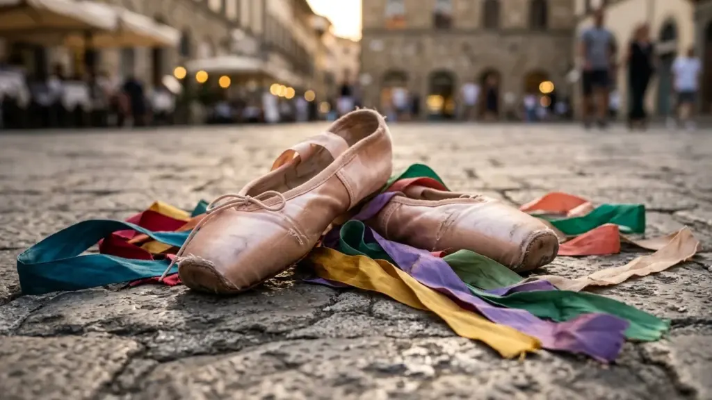 Une paire de chaussons de danse usés avec des rubans colorés sur pavés urbains.