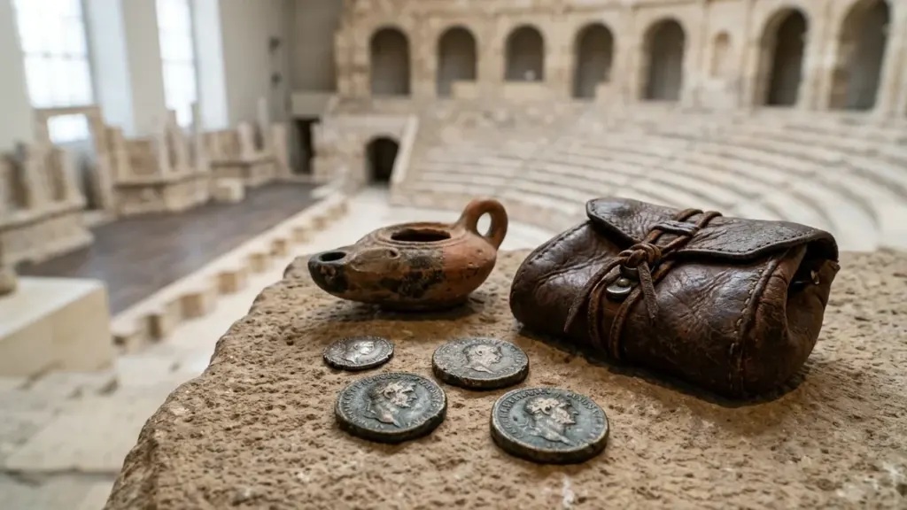 Une lampe à huile ancienne, des pièces romaines et une bourse en cuir sur socle.