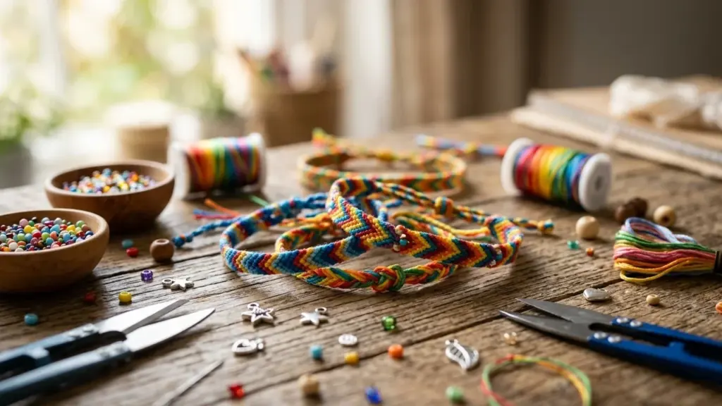Des bracelets brésiliens multicolores artisanaux posés sur une table en bois avec des perles.