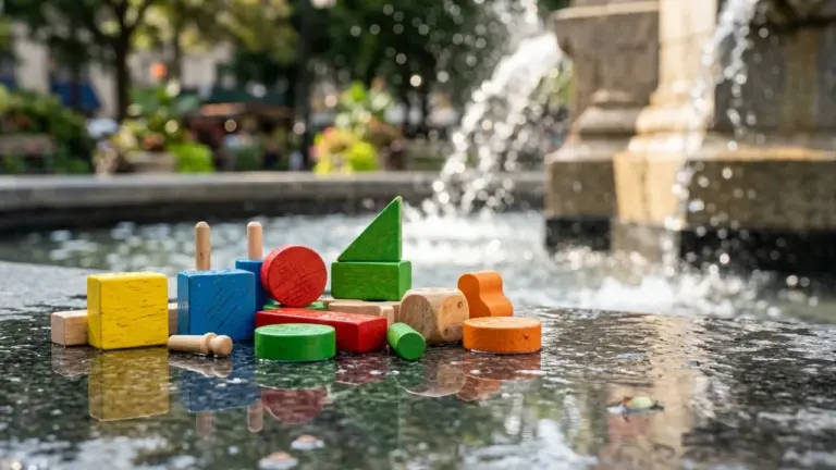 Des blocs de construction en bois colorés posés sur le rebord humide d'une fontaine.