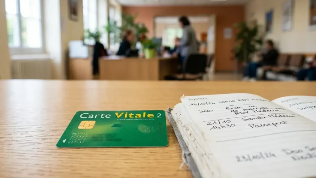 Une carte Vitale française posée sur un bureau à côté d'un carnet de rendez-vous médical.