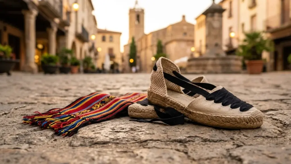 Une paire d'espadrilles beiges avec des lacets noirs sur un sol pavé ancien