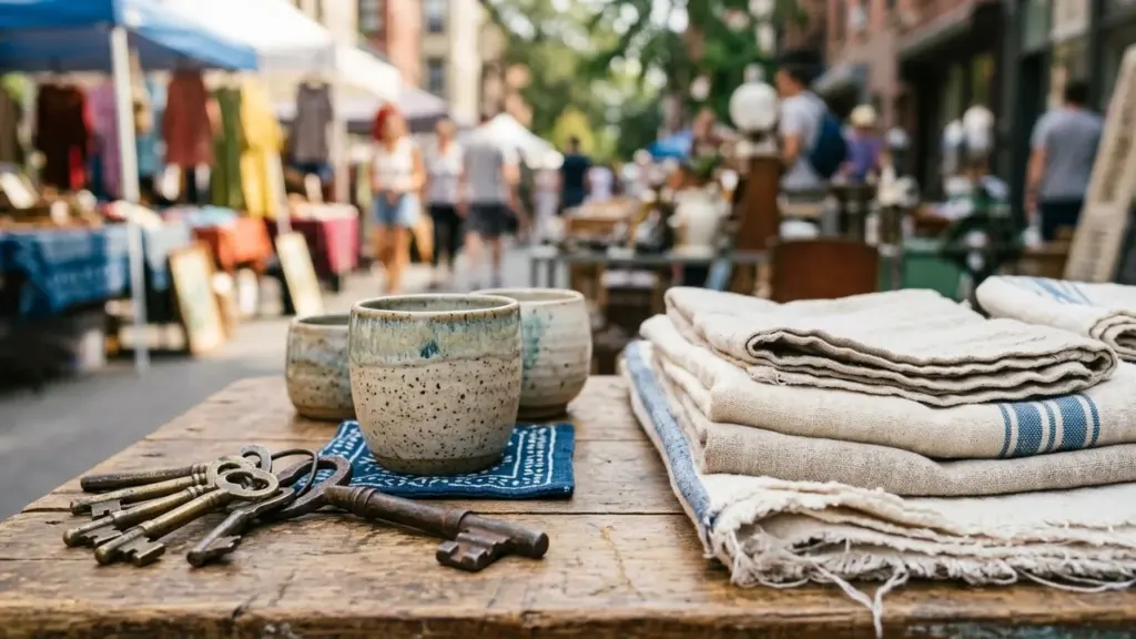 Des tasses en céramique, des clés anciennes et du linge plié sur une table extérieure.