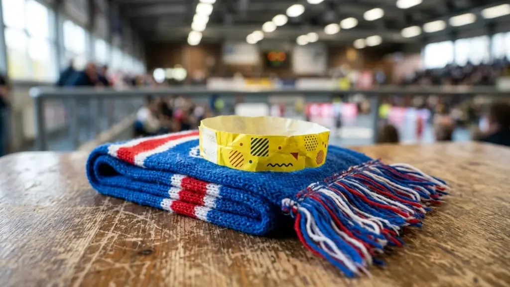 Une écharpe bleue, rouge et blanche posée avec un bracelet en papier jaune marqué.