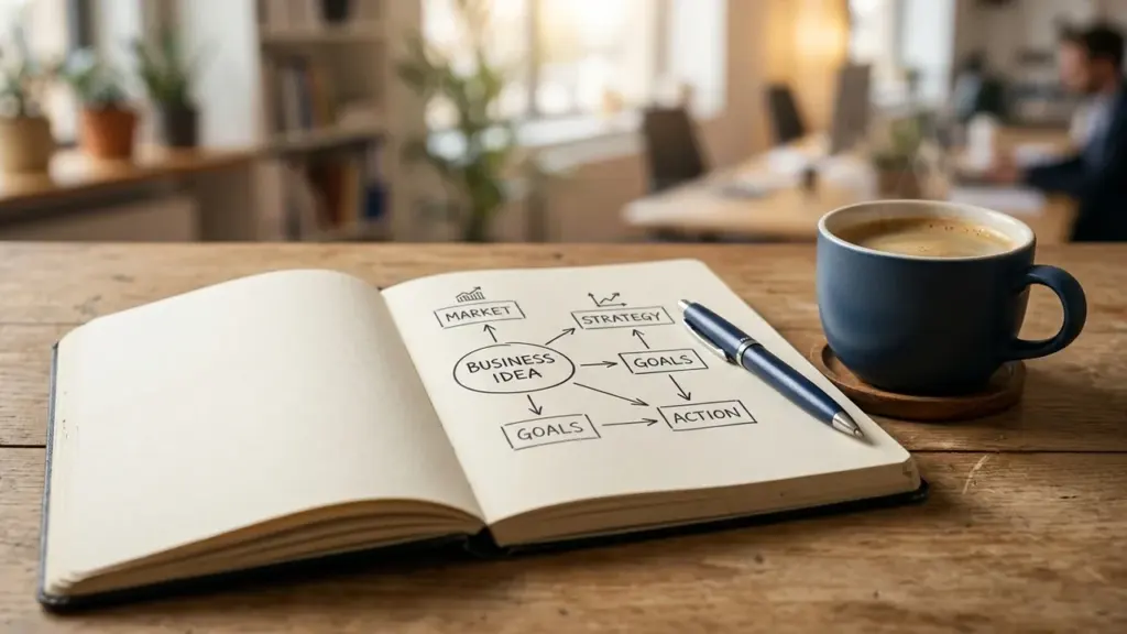 Un carnet ouvert avec un schéma de stratégie commerciale et un stylo bleu posés.
