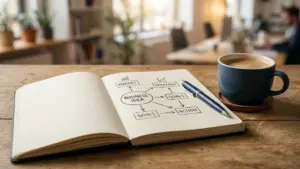 Un carnet ouvert avec un schéma de stratégie commerciale et un stylo bleu posés.