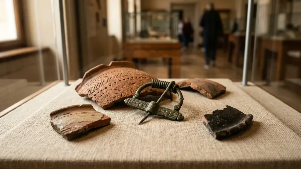 Une fibule en bronze entourée de fragments de poterie ancienne exposée sous une vitrine.