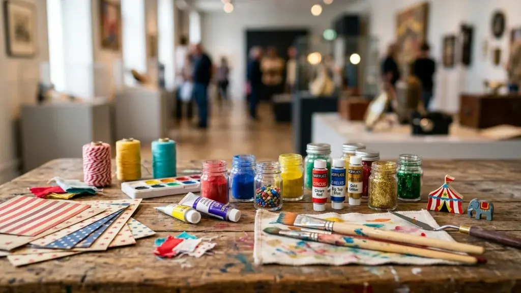 Matériel d'art coloré incluant des peintures, des pinceaux et des papiers sur une table.