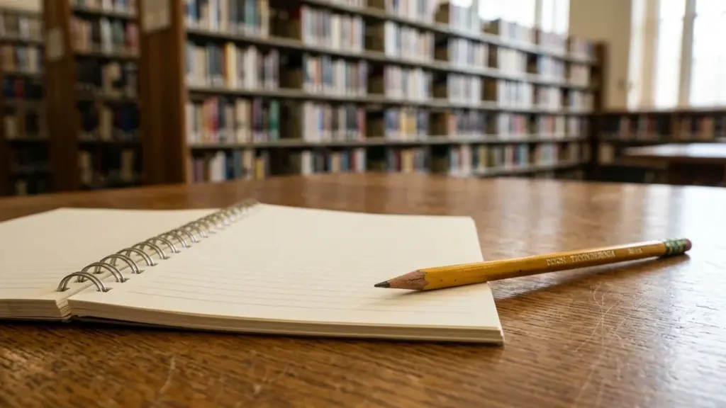 Un carnet à spirales ouvert et un crayon posés sur une table en bois.