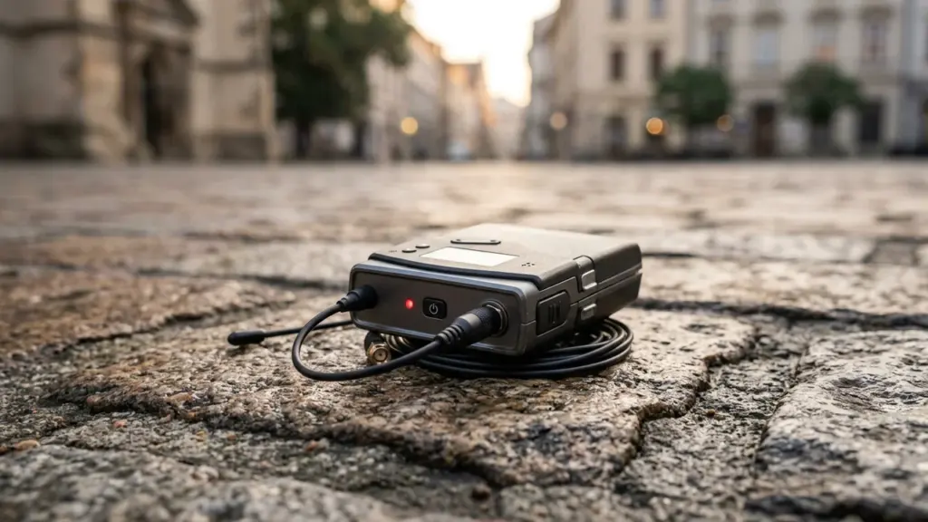 Un émetteur audio noir posé sur des pavés anciens avec un voyant rouge allumé.