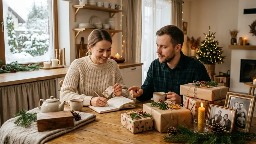 Un couple souriant écrit des étiquettes de cadeaux de Noël dans une cuisine chaleureuse.
