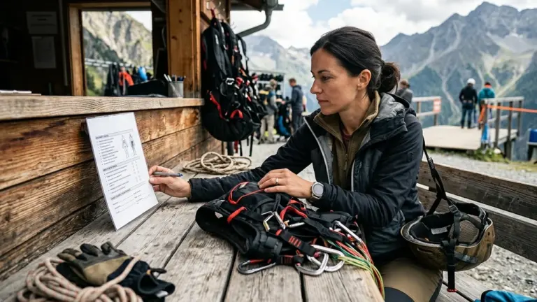 Une femme remplit un formulaire d'inscription sur une table en bois en montagne.