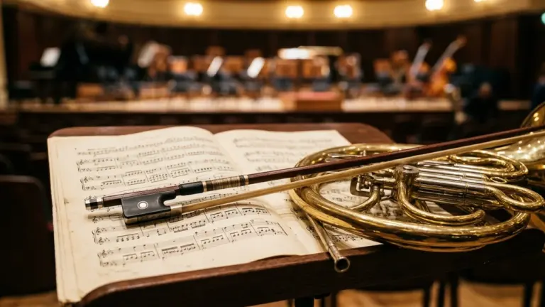 Un pupitre avec une partition musicale, un archet et un cor d'harmonie dans l'orchestre.