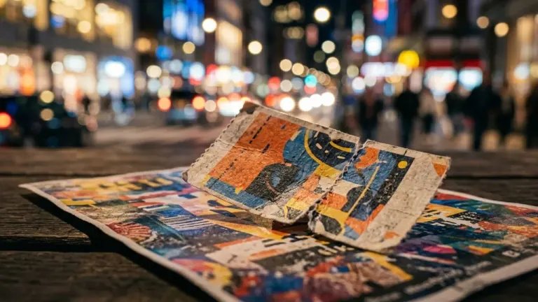 Un vieux billet de spectacle déchiré posé sur une surface en bois urbaine floue.