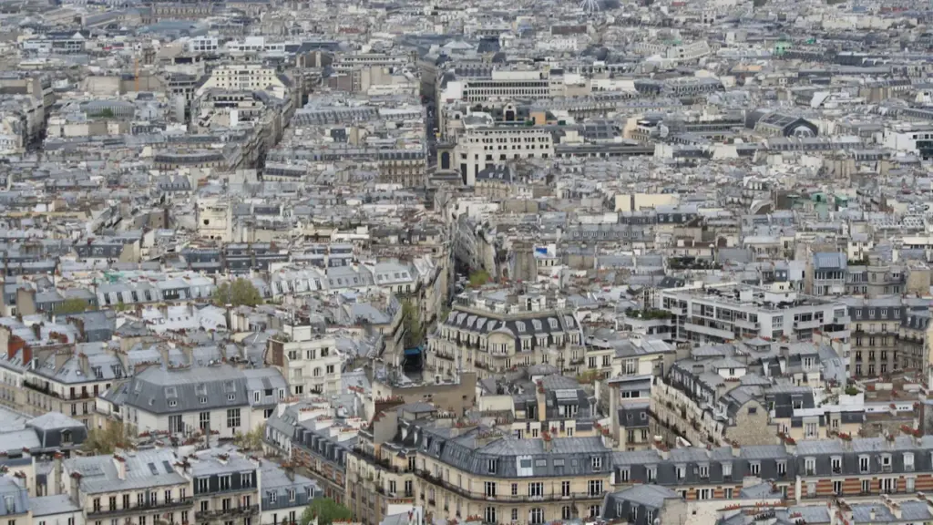 Vue aérienne panoramique des toits et immeubles parisiens caractéristiques sous la lumière du jour.