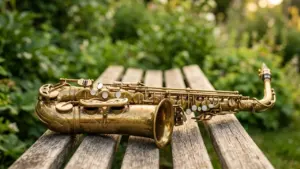 Un saxophone en laiton doré posé horizontalement sur un banc en bois dans un jardin.