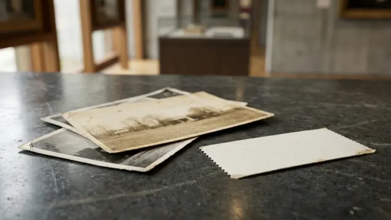 Plusieurs vieilles photographies sépia posées sur une table en pierre sombre dans un musée.