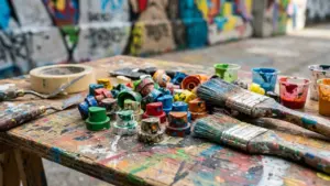 Des embouts de bombes aérosols colorés et des pinceaux sur une table d'artiste tachée.