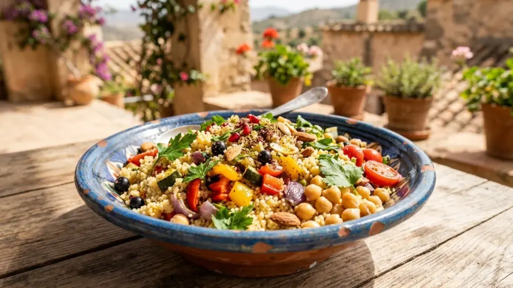 Un grand bol coloré rempli de couscous aux légumes, pois chiches et herbes fraîches.