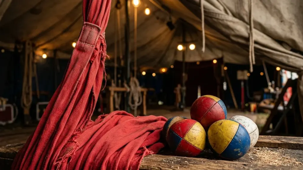 Plusieurs balles de jonglage colorées posées sur une table en bois sous un chapiteau.