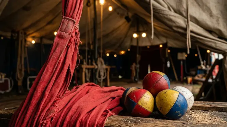 Plusieurs balles de jonglage colorées posées sur une table en bois sous un chapiteau.