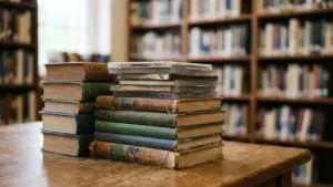 Deux piles de vieux livres et des boîtiers de CD sur une table en bois.